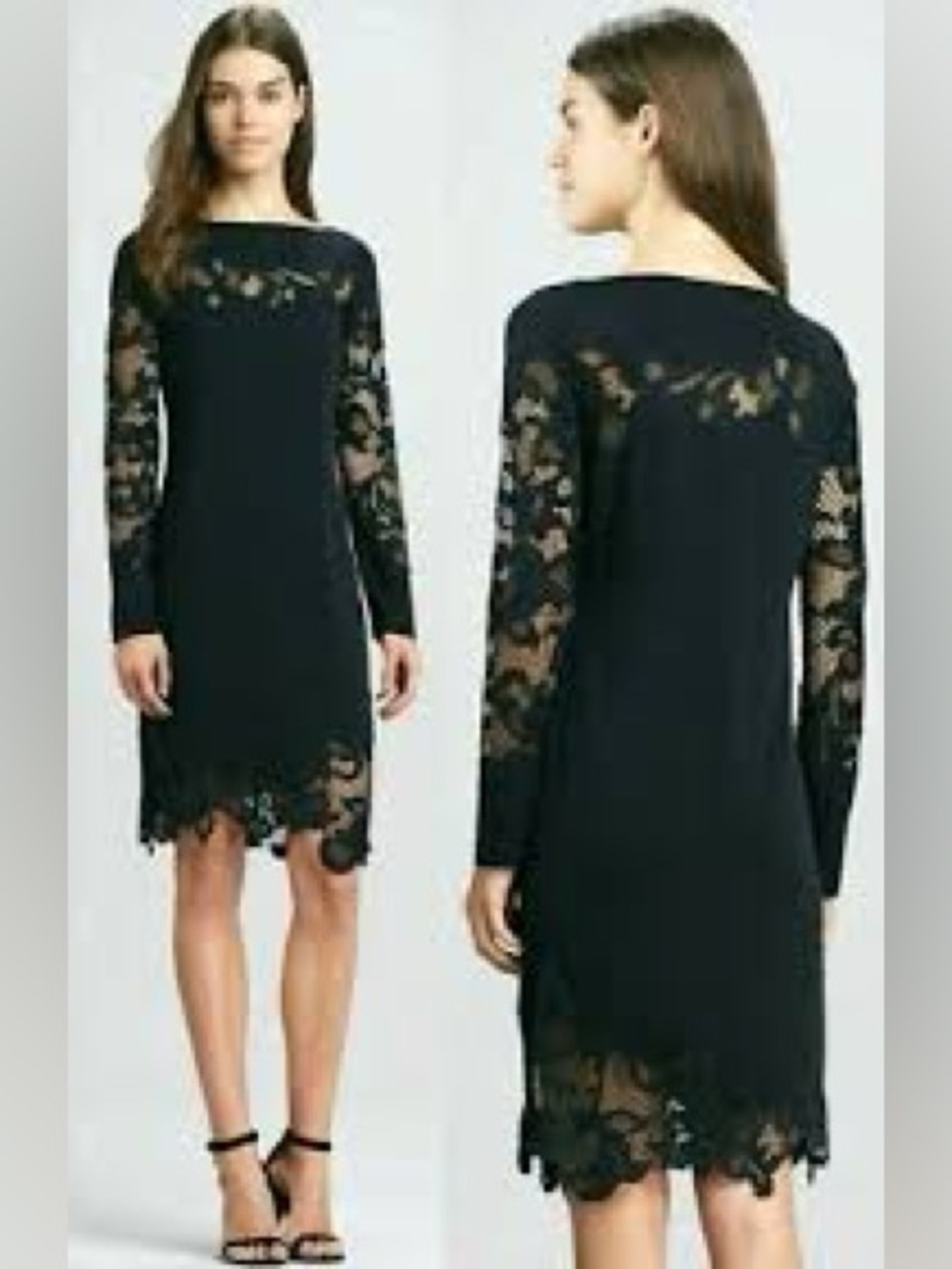Diane von Furstenberg Black Silk Lace Long Sleeve Shift Dress 10
